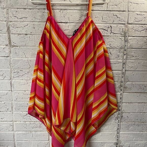 Unique Spectrum Handkerchief Silky Floral Boho Striped Pink Orange Summer Tank M - Picture 1 of 9